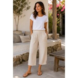 Denim & Co Beach Gauze Crop‎ Pants Women XS Beige Elastic Waist Cotton Relaxed